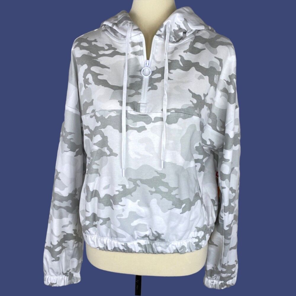 Avia Womens Hoodie Sweatshirt Medium Camo Gray White Half Zip French Terry NEW